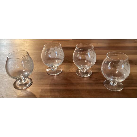4 Toscany Clipper Ship Etched Frosted Brandy Snifter Glasses Footed 3.5” - Picture 5 of 9